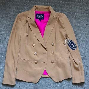 Scoop Tan Double-Breasted Women's Blazer with Pink Lining